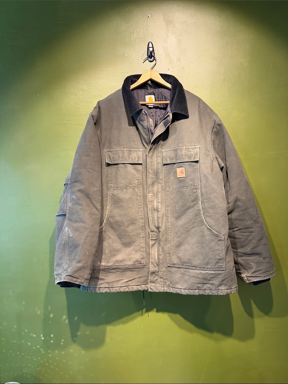 Carhartt Men's Olive Brown Duck Jacket with Black Corduroy Collar